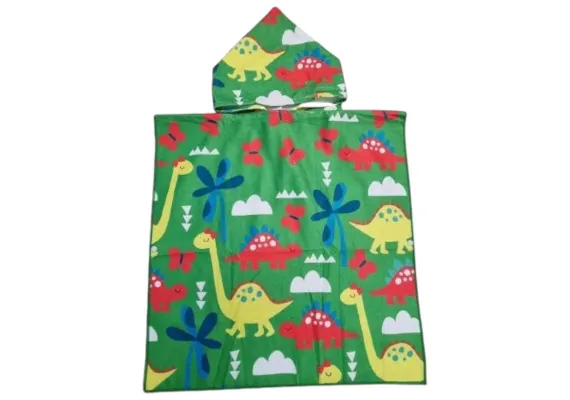 Articole pentru Casa Engros - Poncho copii cu gluga 56x60 cm – model dinozauri colorati, moale si absorbant, pentru plaja, baie sau piscina, 