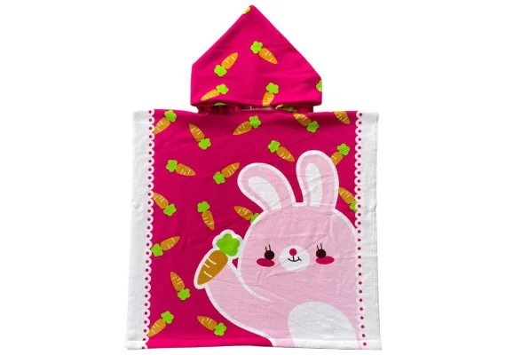 Articole pentru Casa Engros - Poncho copii cu gluga 56x60 cm – model iepuras roz cu morcovi, moale si absorbant, pentru plaja, piscina sau baie, 