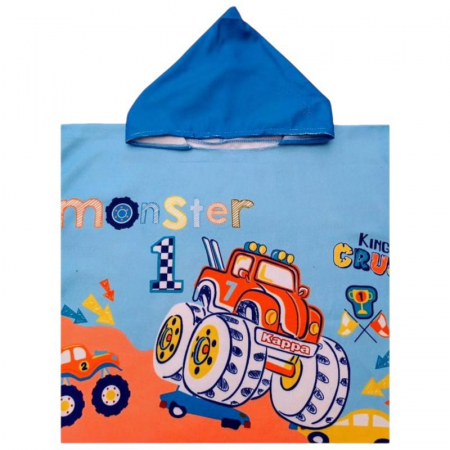 Poncho copii cu gluga 56x60 cm – model monster truck, imprimeu King of Crush, din poliester moale, ideal pentru plaja si baie,  [1]