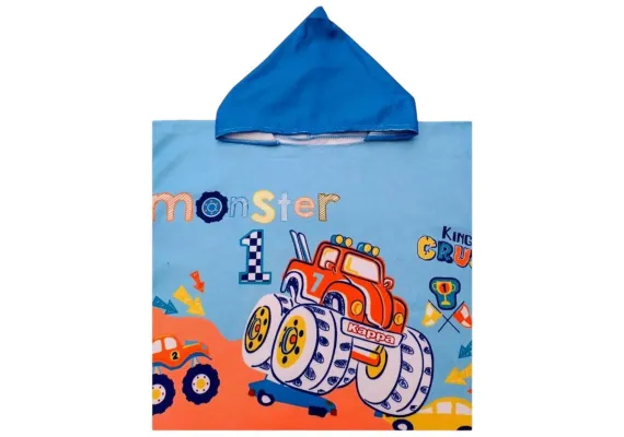 Articole pentru Casa Engros - Poncho copii cu gluga 56x60 cm – model monster truck, imprimeu King of Crush, din poliester moale, ideal pentru plaja si baie, 
