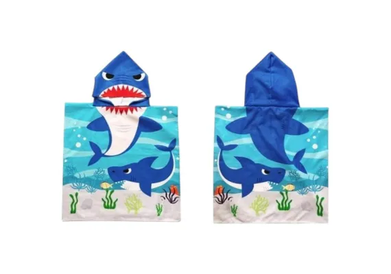 Articole pentru Casa Engros - Poncho copii cu gluga 56x60 cm – model rechin albastru, imprimeu ocean, moale si absorbant, ideal pentru plaja si baie, 
