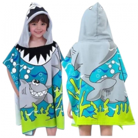 Poncho copii cu gluga 56x60 cm – model rechin zambitor, gluga cu dinti, din poliester moale, ideal pentru plaja, piscina sau baie,  [1]