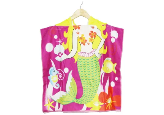 Articole pentru Casa Engros - Poncho copii cu gluga 56x60 cm – model sirena tropicala, material din poliester moale si absorbant, ideal pentru plaja sau baie, 