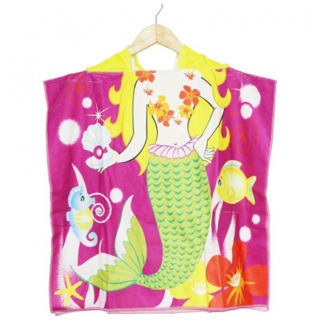 Poncho copii cu gluga 56x60 cm – model sirena tropicala, material din poliester moale si absorbant, ideal pentru plaja sau baie,  [1]