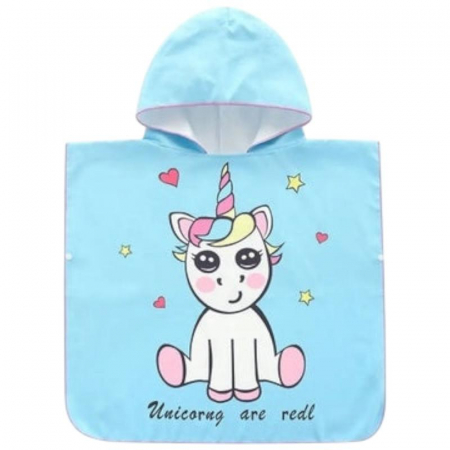 Poncho copii cu gluga 56x60 cm – model unicorn pe fundal albastru, cu mesaj Unicorns are real, din poliester moale si absorbant,  [1]