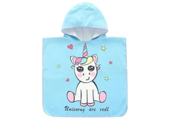 Articole pentru Casa Engros - Poncho copii cu gluga 56x60 cm – model unicorn pe fundal albastru, cu mesaj Unicorns are real, din poliester moale si absorbant, 