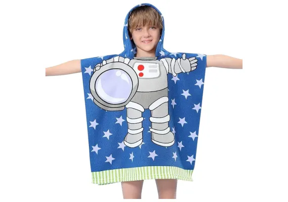 Articole pentru Casa Engros - Poncho plaja copii cu gluga 56x60 cm – design astronaut, model cu stelute, moale si absorbant, 