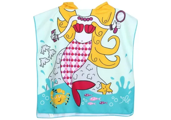 Articole pentru Casa Engros - Poncho plaja copii cu gluga 56x60 cm – model sirena colorata, moale si absorbant, pentru baie, mare sau piscina – 