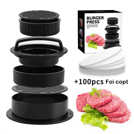 Presa dubla pentru hamburgeri 2 in 1, forma si presa, doua dimensiuni, cu maner, usor de curatat si folosit, material ABS, 100 de foi hartie de copt incluse, 13x13.5x7 cm, fara lipire, neagra [1]