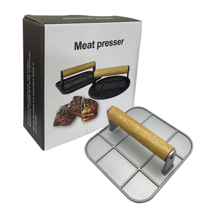 Presa Manuala pentru Carne, , din Aliaj de Aluminiu, Maner din Lemn, Presa pentru Burgeri, Usor de Curatat si Folosit, Patrata, 16x16x6 cm, Gri [2]