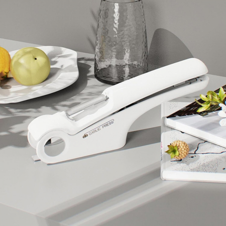 Presa Multifunctionala pentru Usturoi 4in1, , Presa, Feliator, Desfacator de Borcane, Curatator Fructe/Legume, 22 x 8.8 cm, Alb [1]