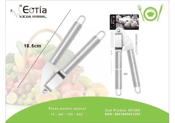 Articole pentru Casa Engros - Presa pentru usturoi din inox 18.5 cm – Instrument rezistent pentru zdrobirea rapida a usturoiului, usor de curatat, 