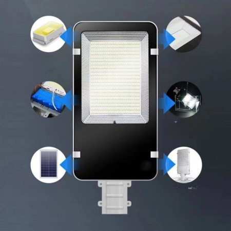 Proiector LED pentru stalp, casa, perete cu suport metalic inclus, , 38,5 cm x 14,2 cm, Rezistent la Apa IP65, cu Panou Solar, 240 COB LED, 100 W, Senzor de lumina, Timer, cu Telecomanda, intensitate  [3]