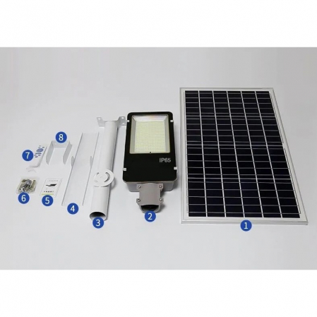 Proiector LED pentru stalp, casa, perete cu suport metalic inclus, , 38,5 cm x 14,2 cm, Rezistent la Apa IP65, cu Panou Solar, 240 COB LED, 100 W, Senzor de lumina, Timer, cu Telecomanda, intensitate  [1]