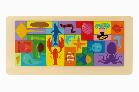 Puzzle Educativ din Lemn Tip Tetris – Modele cu Vehicule, Animale, Dinozauri si Creaturi Marine, 30x13cm [2]