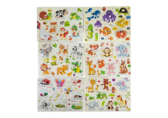 Puzzle incastru din lemn, diverse modele, multicolor, 30×22cm, 