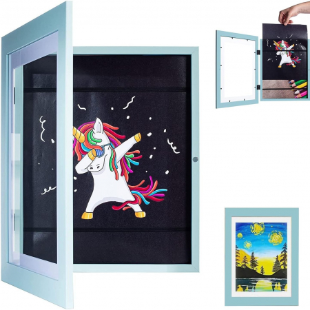 Rama Foto , cu Magnet, din Lemn, cu Spatiu Pentru Depozitare, Pentru Desene si Picturi A4, Sticla Securizata, Rama MDF, 21x30 cm, Albastru [4]