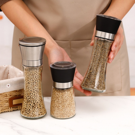 Rasnita Manuala pentru boabe, , Rasnita pentru Piper Sare Cafea, din Sticla cu Otel inoxidabil, 19.2 x 6.4 cm, volum 200 ml, Transparenta cu Capac din Inox [3]