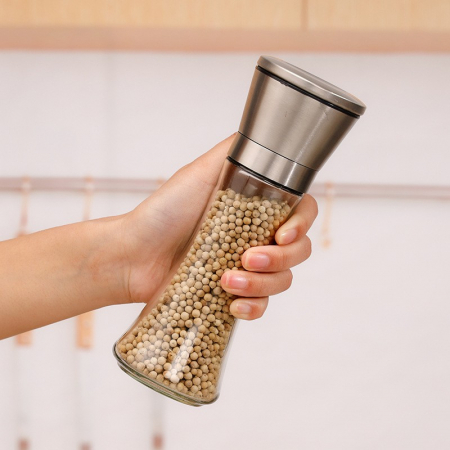 Rasnita Manuala pentru boabe, , Rasnita pentru Piper Sare Cafea, din Sticla cu Otel inoxidabil, 19.2 x 6.4 cm, volum 200 ml, Transparenta cu Capac din Inox [2]