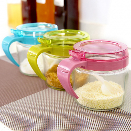 Recipient Condimente, , din Stilca, 180 ml, cu Maner si Lingurita, 8 x 9 cm, Capac Transparent, Roz [5]
