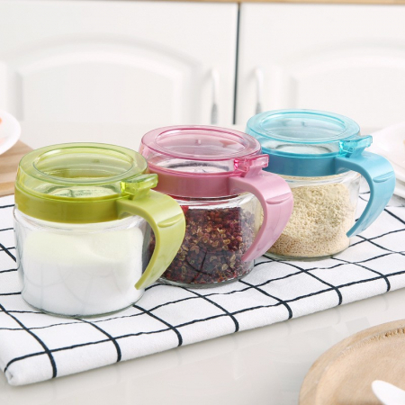 Recipient Condimente, , din Stilca, 180 ml, cu Maner si Lingurita, 8 x 9 cm, Capac Transparent, Verde [10]