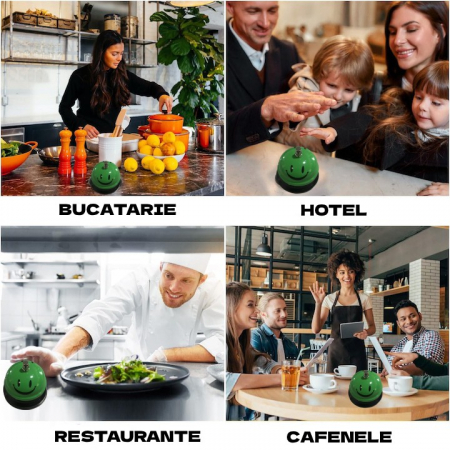 Clopotel Metalic Multifunctional, , Verde cu Imprimeu Smiley Face, 7.5x7.5x6.5 cm, Receptie, Restaurant, Cafenele [1]