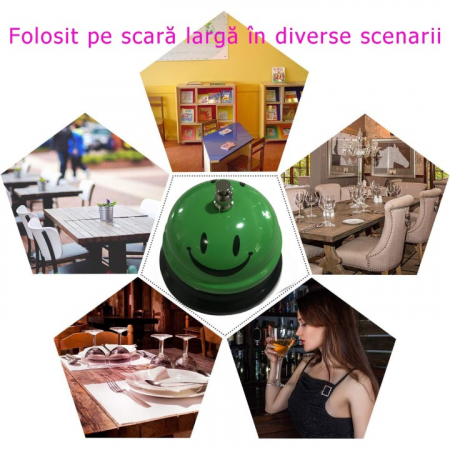 Clopotel Metalic Multifunctional, , Verde cu Imprimeu Smiley Face, 7.5x7.5x6.5 cm, Receptie, Restaurant, Cafenele [4]