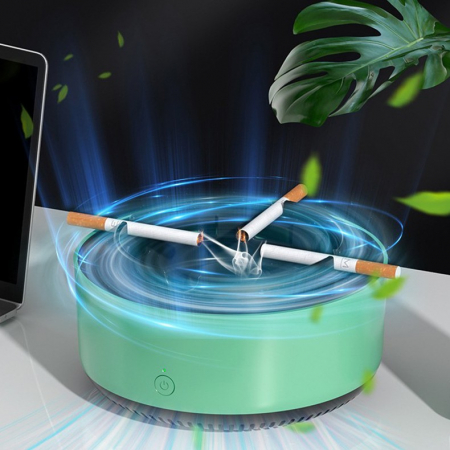 Scrumiera Multifunctionala cu Absorbtie, , Incarcare USB, cu Purificator de Aer, Scrumiera cu Absorbtie Fum, 14,5 x 14 x 7,5 cm, Verde [2]