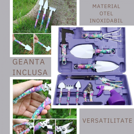 Set 10 accesorii pentru gradinarit , geanta depozitare inclusa, otel inoxidabil, 37 x 28 cm, mov [4]