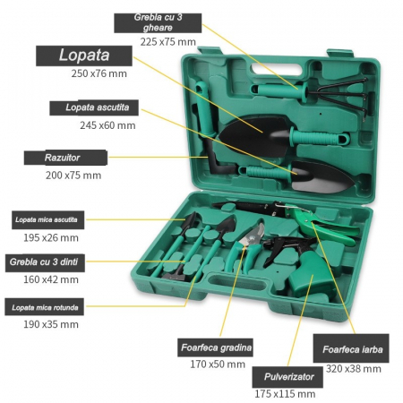 Set 10 accesorii pentru gradinarit , geanta depozitare inclusa, otel inoxidabil, 37 x 28 cm, verde [6]