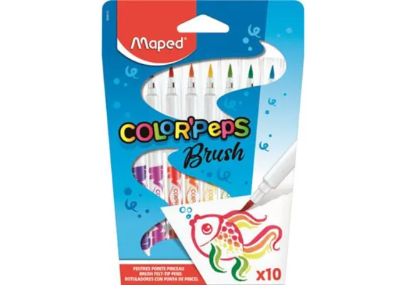 Birotica, papetarie si rechizite Engros - Set 10 carioci cu varf de pensula Maped Color Peps Brush – culori intense pentru desen si pictura creativa, 
