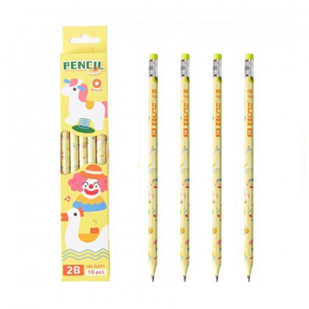 Birotica, papetarie si rechizite Engros - Set 10 Creioane Negre, , 2B, pentru Elevi Scoala, cu Radiera, Model Galben cu Circ