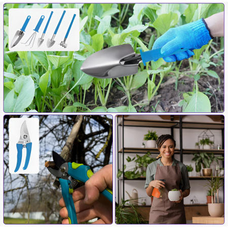 Set 10 Unelte de Gradina, , pentru Plantare Prelucrare Sol si Ingrijire Plante, Manere Albastre, Material PVC si Otel Inoxidabil, Cutie Inclusa, 37x28x7 cm, Negru [8]