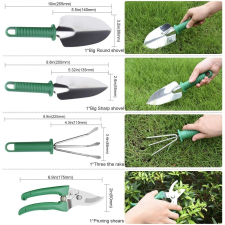 Set 10 Unelte de Gradina, , pentru Plantare Prelucrare Sol si Ingrijire Plante, Manere Verzi, Material PVC si Otel Inoxidabil, Cutie Inclusa, 37x28x7 cm, Negru [2]