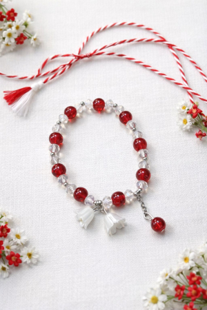 Bratara Martisor - Set 12 Bratari Martisor cu Margele Rosii si Charm Floare Alba