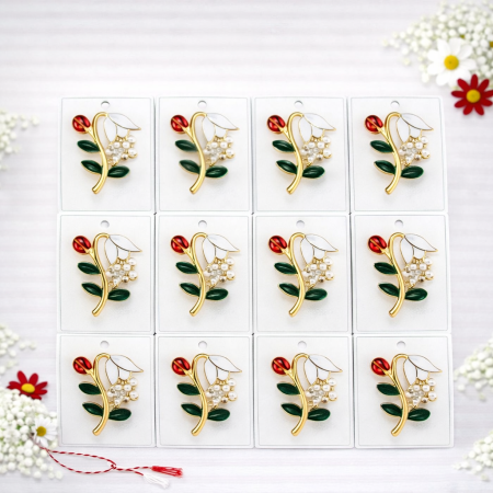 Accesorii Confectionare Martisoare - Set 12 brose Martisor, 5 cm, Ghiocel cu buburuza, Cadou 1 Martie