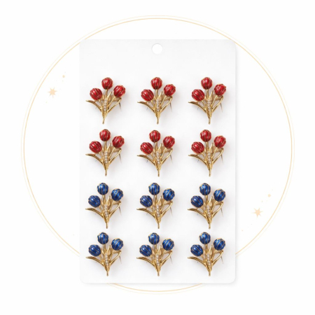 Set 12 brose Martisor pe carton prezentare, 17x10 cm, Cadou 1 Martie, Buchet lalele, diverse culori [1]