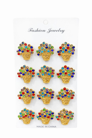 Martisoare - Set 12 brose Martisor pe carton prezentare, 17x10 cm, Cadou 1 Martie, Cos cu flori multicolore