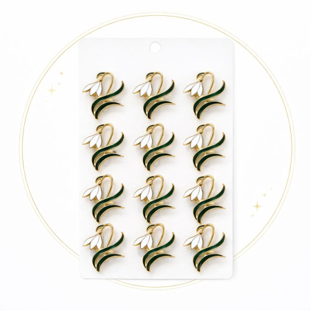 Set 12 brose Martisor pe carton prezentare, 17x10 cm, Cadou 1 Martie, Ghiocel auriu / negru [1]