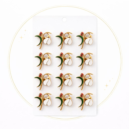 Set 12 brose Martisor pe carton prezentare, 17x10 cm, Cadou 1 Martie, Ghiocel cu buburuza [1]