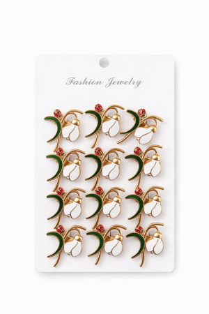 Accesorii Confectionare Martisoare - Set 12 brose Martisor pe carton prezentare, 17x10 cm, Cadou 1 Martie, Ghiocel cu buburuza