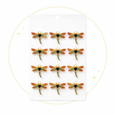 Set 12 brose Martisor pe carton prezentare, 17x10 cm, Cadou 1 Martie, Libelula auriu / portocaliu [1]