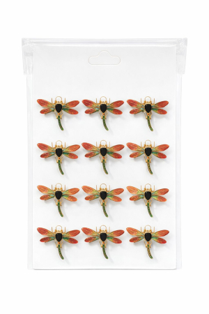 Accesorii Confectionare Martisoare - Set 12 brose Martisor pe carton prezentare, 17x10 cm, Cadou 1 Martie, Libelula auriu / portocaliu