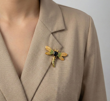 Set 12 brose Martisor pe carton prezentare, 17x10 cm, Cadou 1 Martie, Libelula auriu / portocaliu [2]