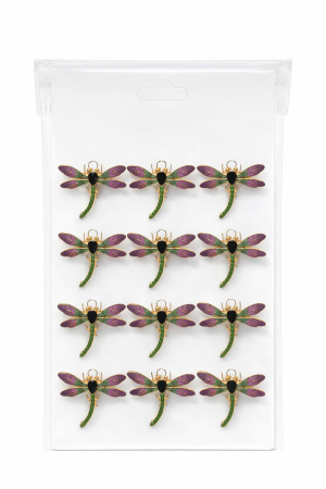 Martisoare - Set 12 brose Martisor pe carton prezentare, 17x10 cm, Cadou 1 Martie, Libelula verde / mov