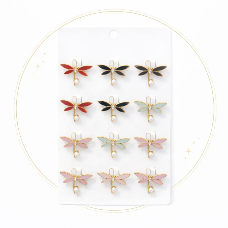 Set 12 brose Martisor pe carton prezentare, 17x10 cm, Cadou 1 Martie, Libelule diverse culori [1]