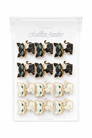 Accesorii Confectionare Martisoare - Set 12 brose Martisor pe carton prezentare, 17x10 cm, Cadou 1 Martie, Pisica alb / negru