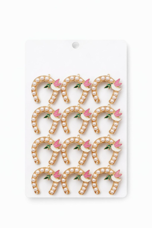 Accesorii Confectionare Martisoare - Set 12 brose Martisor pe carton prezentare, 17x10 cm, Cadou 1 Martie, Potcoava cu porumbel