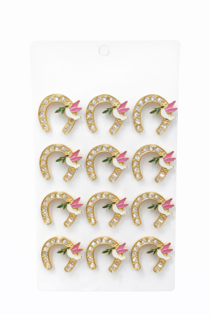 Accesorii Confectionare Martisoare - Set 12 brose Martisor pe carton prezentare, 17x10 cm, Cadou 1 Martie, Potcoava cu porumbel