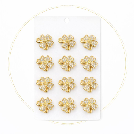 Set 12 brose Martisor pe carton prezentare, 17x10 cm, Cadou 1 Martie, Trifoi auriu cu strasuri [1]